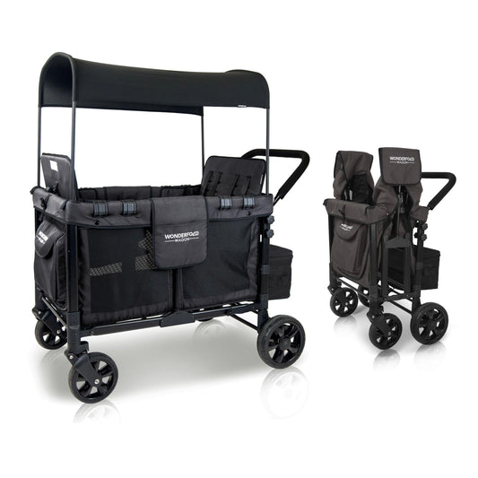 W4 Original Quad Stroller Wagon Featuring 4 High Face-To-Face Seats with 5-Point Harnesses, Easy Access Front Zipper Door, and Removable Uv-Protection Canopy, Black